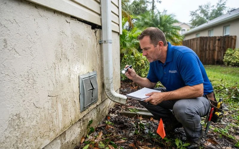 A homeowner inspecting storm damage to a roofline and soffit for new gaps that could let rodents or wildlife inside