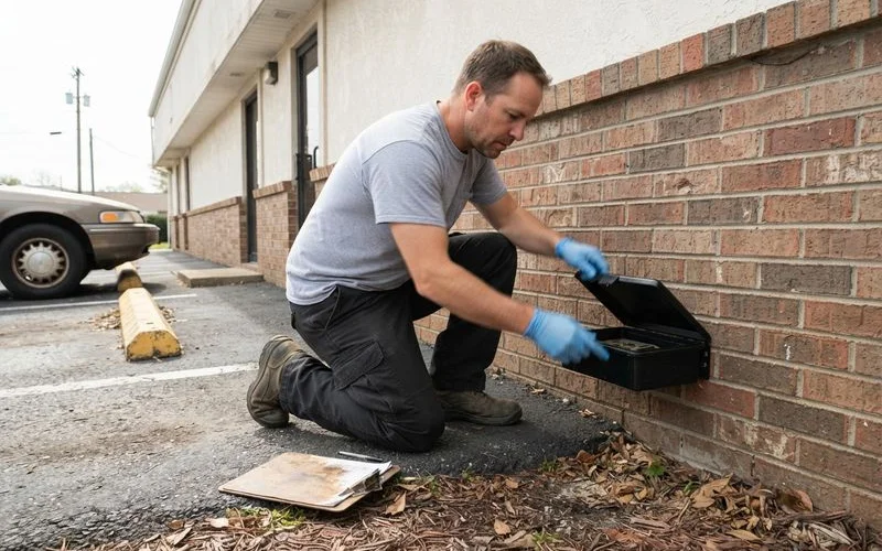 A commercial building exterior in Tampa with a pest control technician checking an exterior rodent bait station