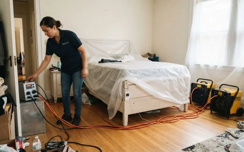 A pest control technician setting up heat treatment equipment in a bedroom for bed bug elimination