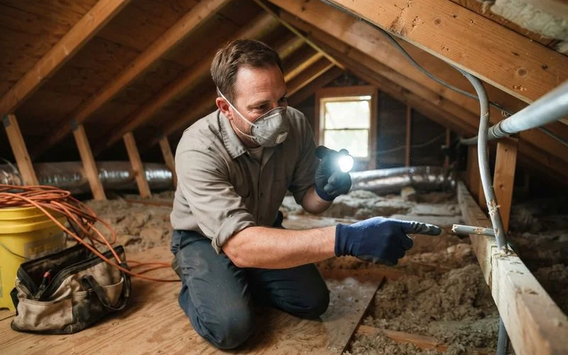 A homeowner inspecting an attic corner with a flashlight for signs of rodent droppings and gnaw marks