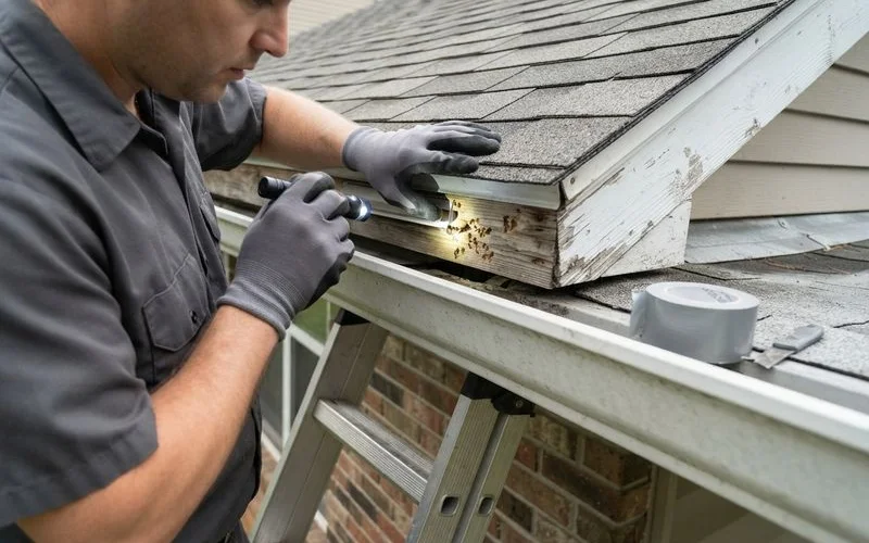 A technician inspecting a Tampa home's roofline and soffit for gaps that could allow rodents or wildlife to enter the attic