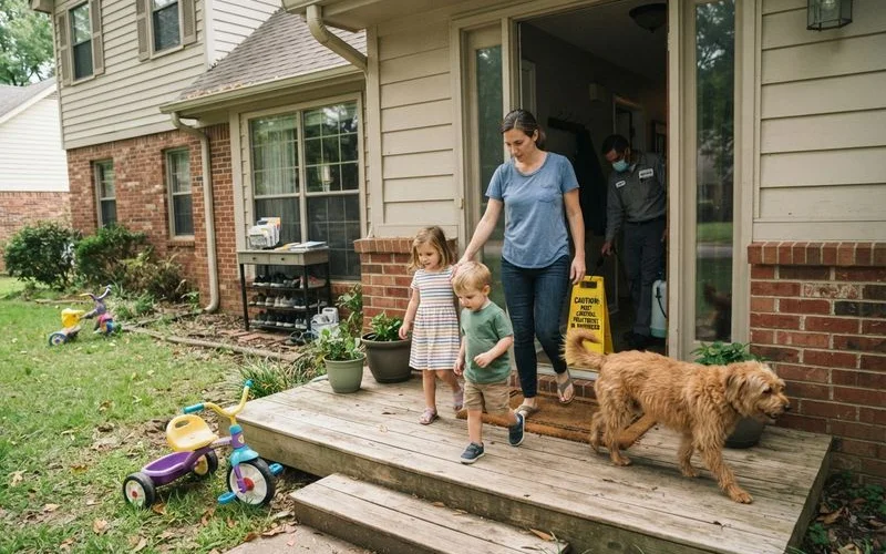 A parent keeping a young child and a dog in a separate room while a pest control technician treats another area of the home