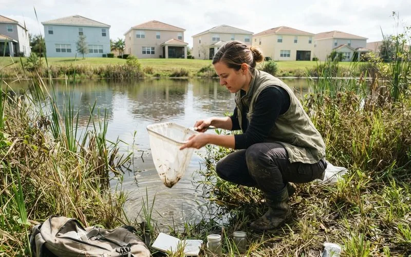 A Hillsborough County mosquito control sign posted near a retention pond in a Tampa neighborhood during mosquito season