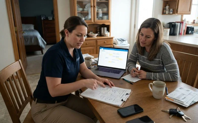 A person calmly reviewing a written bed bug treatment plan and follow-up schedule with a checklist