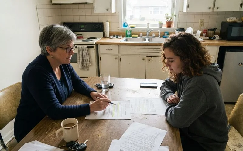 A tenant and landlord reviewing a lease document together to discuss pest control responsibility clauses
