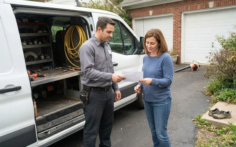 A pest control technician reviewing a printed quote with a Tampa homeowner at the front door of a single family home