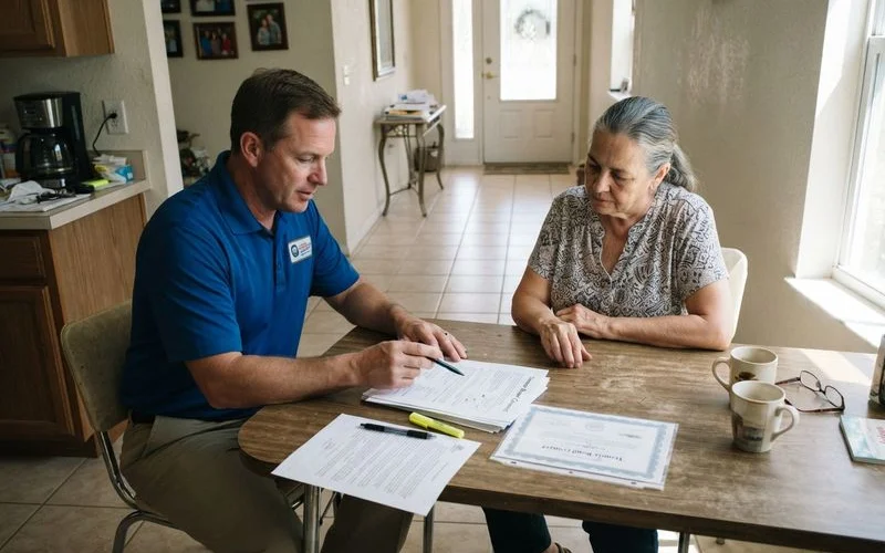 A Florida homeowner reviewing a termite bond service agreement document at a kitchen table with a pest control brochure