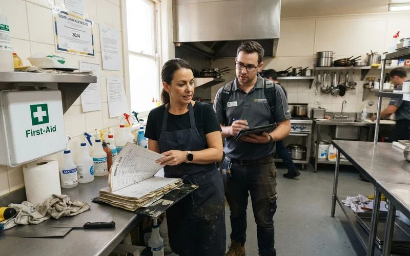 A facility manager reviewing a commercial pest control service log and documentation binder for a health inspection
