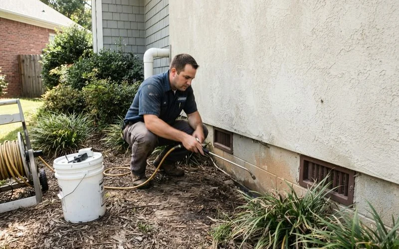 A pest control technician applying treatment along an exterior foundation line of a Tampa home during an inspection visit