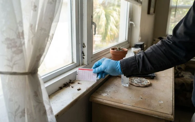 Winged termite swarmers gathered near a window sill inside a Florida home during spring swarming season