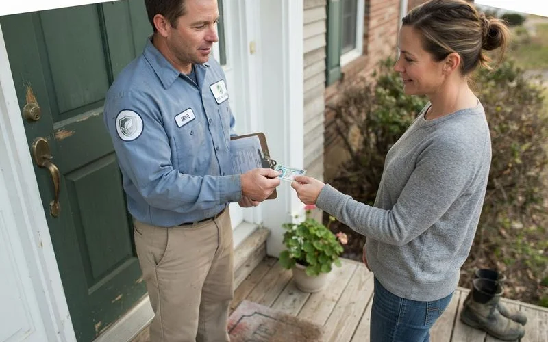 A homeowner checking a pest control company's license number against a state licensing database on a laptop