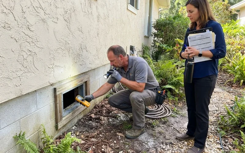 A licensed inspector examining a home's exterior foundation and wood framing for a WDO inspection during a Florida real estate transaction